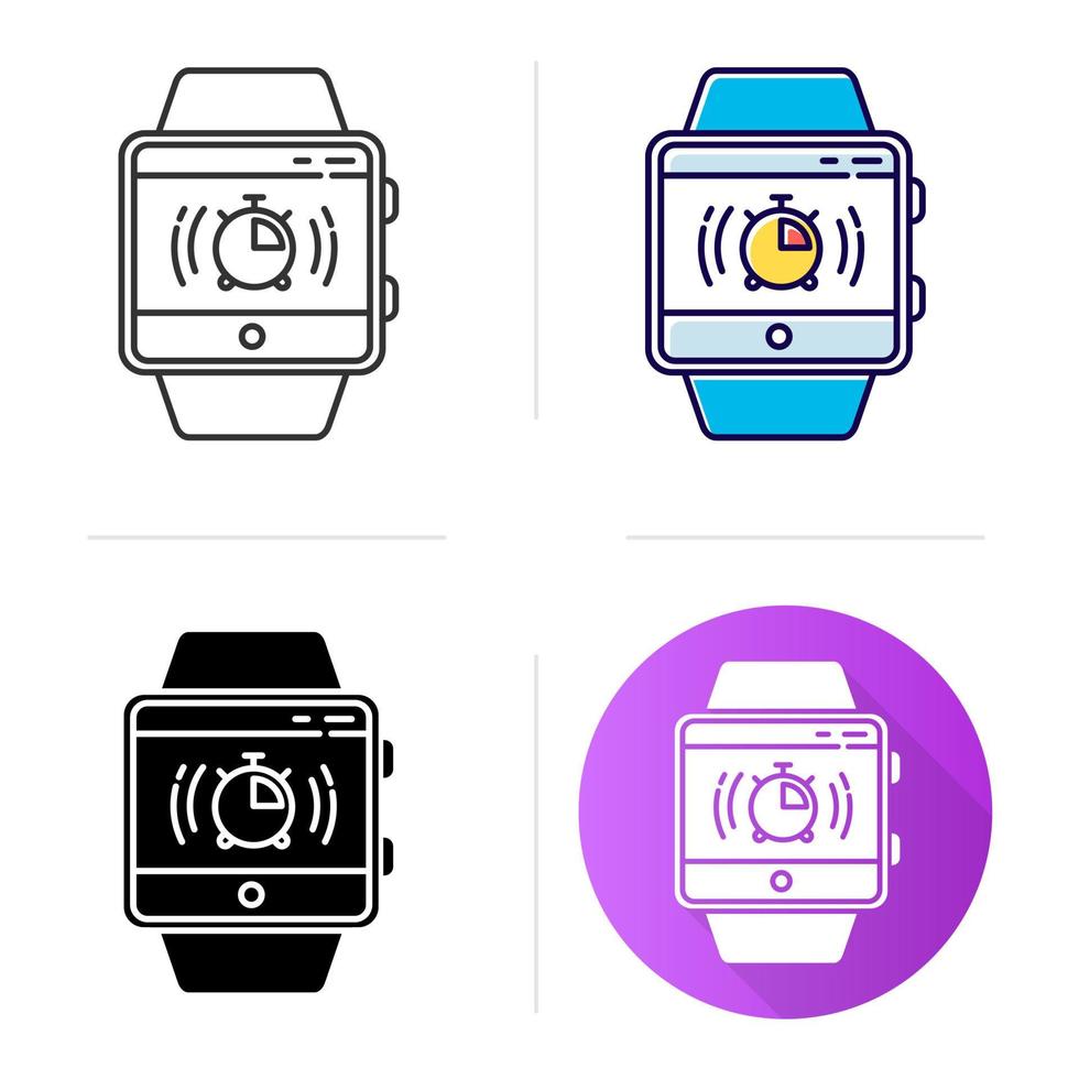 icono de función de rastreador de fitness de cronómetro. Capacidad de pulsera de reloj inteligente. Temporizador, cuenta regresiva. medición de milisegundos. Diseño plano, estilos lineales y de color. ilustraciones de vectores aislados