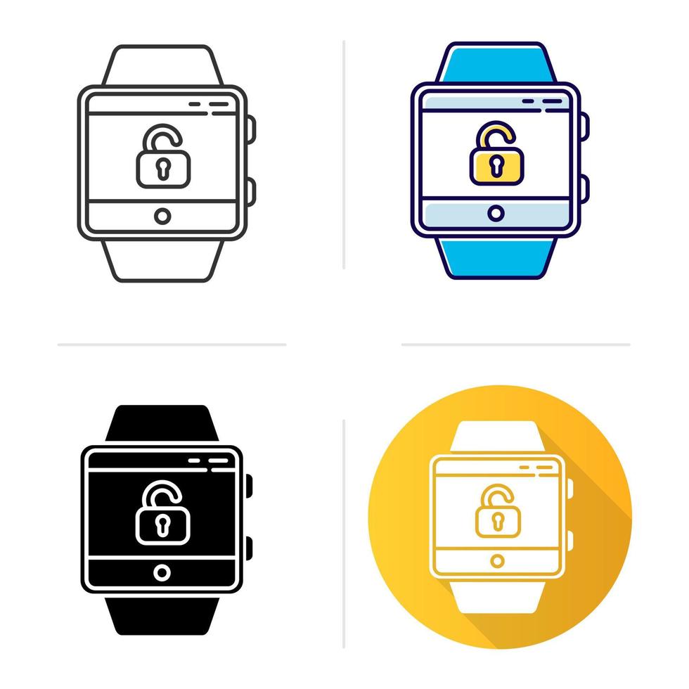 Screen unlocking smartwatch function icon. Security and convenience device feature. Fitness wristband capability. Opened lock. Flat design, linear and color styles. Isolated vector illustrations