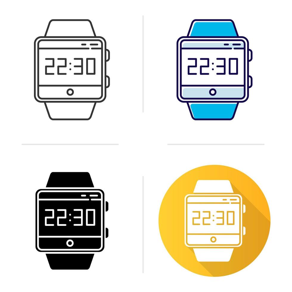 Current time smartwatch function icon. Fitness wristband capability. Clock, time measurement. Hours, minutes and seconds counting. Flat design, linear and color styles. Isolated vector illustrations