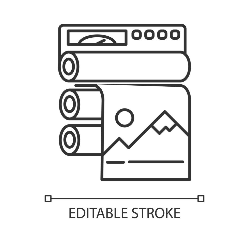 Publishing industry linear icon. Professional printing equipment. Paper press. Polygraphy production. Thin line illustration. Contour symbol. Vector isolated outline drawing. Editable stroke