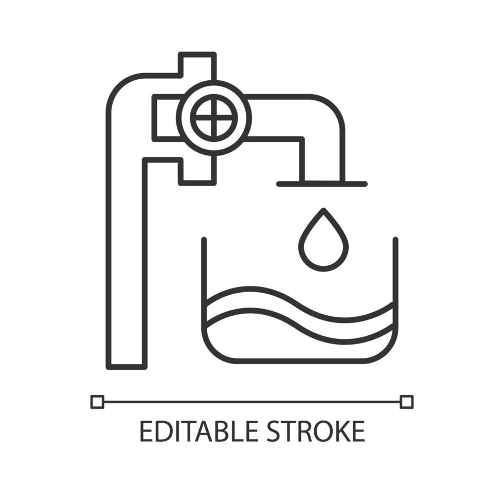 Water industry linear icon. Liquid in container. Pipes and valves. Water engineering. Beverage production. Thin line illustration. Contour symbol. Vector isolated outline drawing. Editable stroke