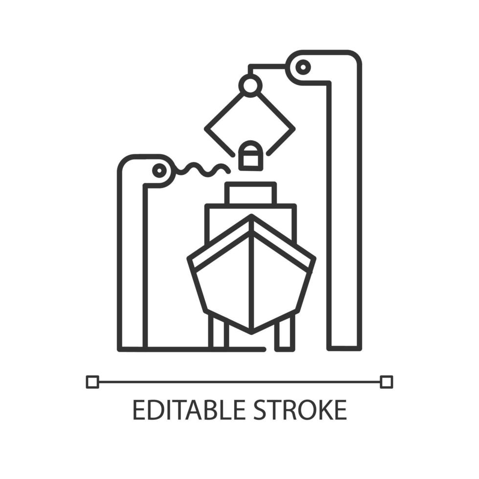 Shipbuilding industry linear icon. Ship fixing and repairing. Nautical vehicle technical construction. Thin line illustration. Contour symbol. Vector isolated outline drawing. Editable stroke