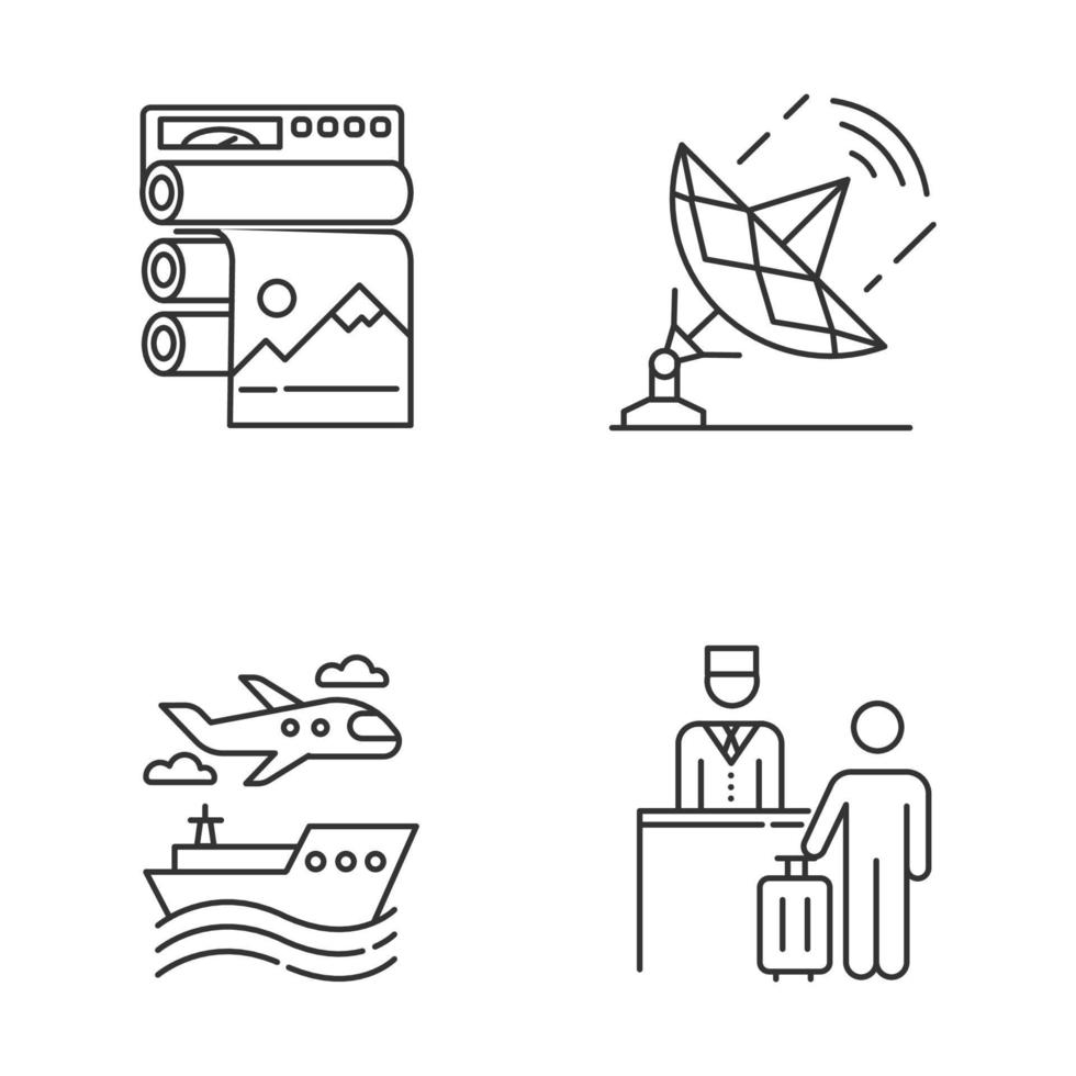 Industry types linear icons set. Publishing. Telecommunication. Hospitality industry. Travel services. Plane, ship. Thin line contour symbols. Isolated vector outline illustrations. Editable stroke