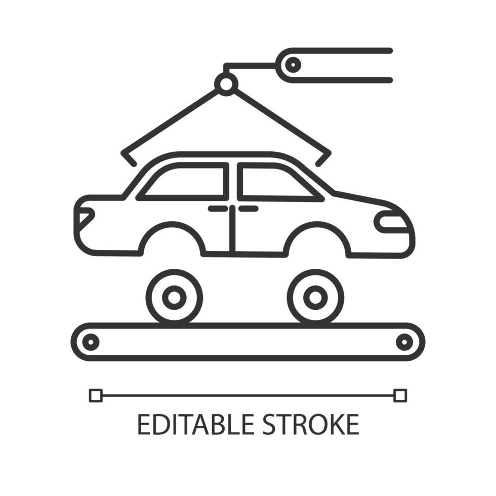 Automotive industry linear icon. Car production. Vehicle factory. Automobile repair. Machinery, maintenance. Thin line illustration. Contour symbol. Vector isolated outline drawing. Editable stroke