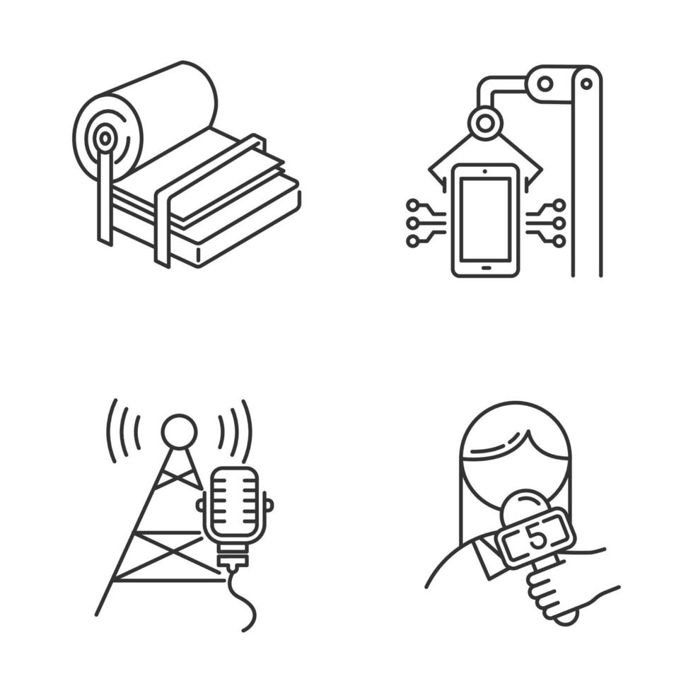Industry types linear icons set. Pulp and paper production. Electronics facility. Broadcasting tower. News and media. Thin line contour symbols. Isolated vector outline illustrations. Editable stroke