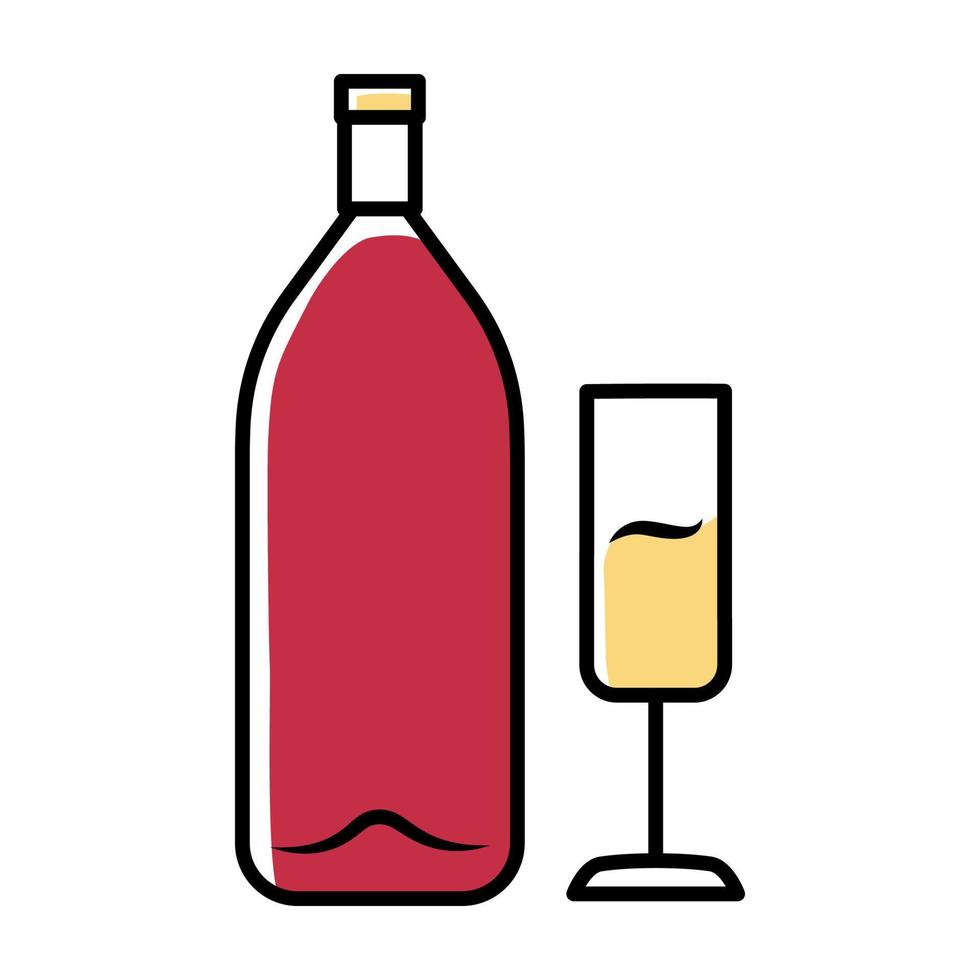 Wine pink color icon. Alcohol bar. Bottle and wineglass. Alcoholic beverage. Champagne glass. Restaurant service. Glassware for sparkling flute wine. Isolated vector illustration