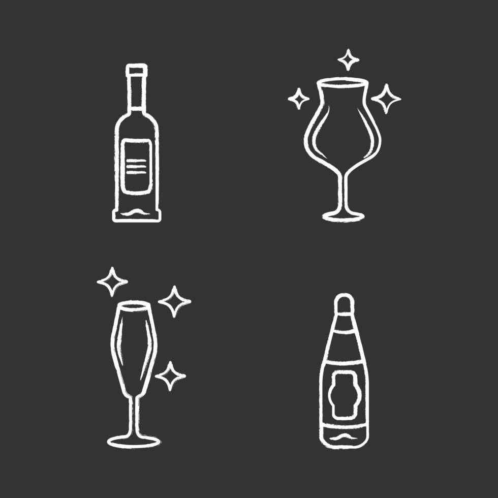 Alcohol drink glassware chalk icons set. Wine service elements. Crystal glasses shapes and types. Drinks and beverages types. Red wine bottles with labels. Isolated vector chalkboard illustrations