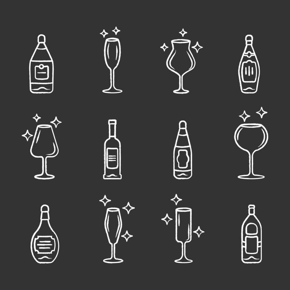 Alcohol drink glassware chalk icons set. Wine service elements. Crystal glasses shapes. Drinks and beverages types. Red wine and whiskey bottles with labels. Isolated vector chalkboard illustrations