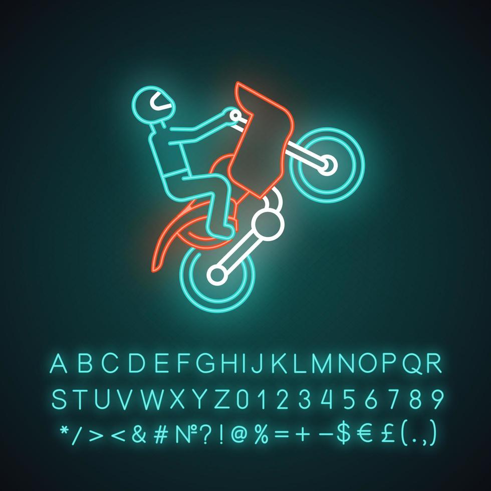 Motorcycling neon light icon. Track, road rally, speedway, motocross racing. Person performing motorbiking stunt. Glowing sign with alphabet, numbers and symbols. Vector isolated illustration