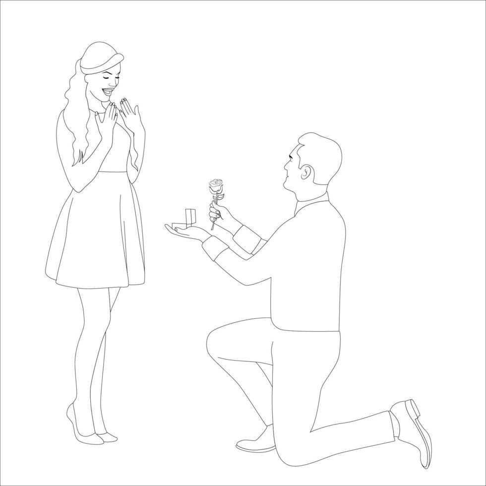 hombres proponiendo chica con rosa y anillo, ilustración de contorno de personaje de pareja sobre fondo blanco, ilustración vectorial para proyectos del día de san valentín. vector