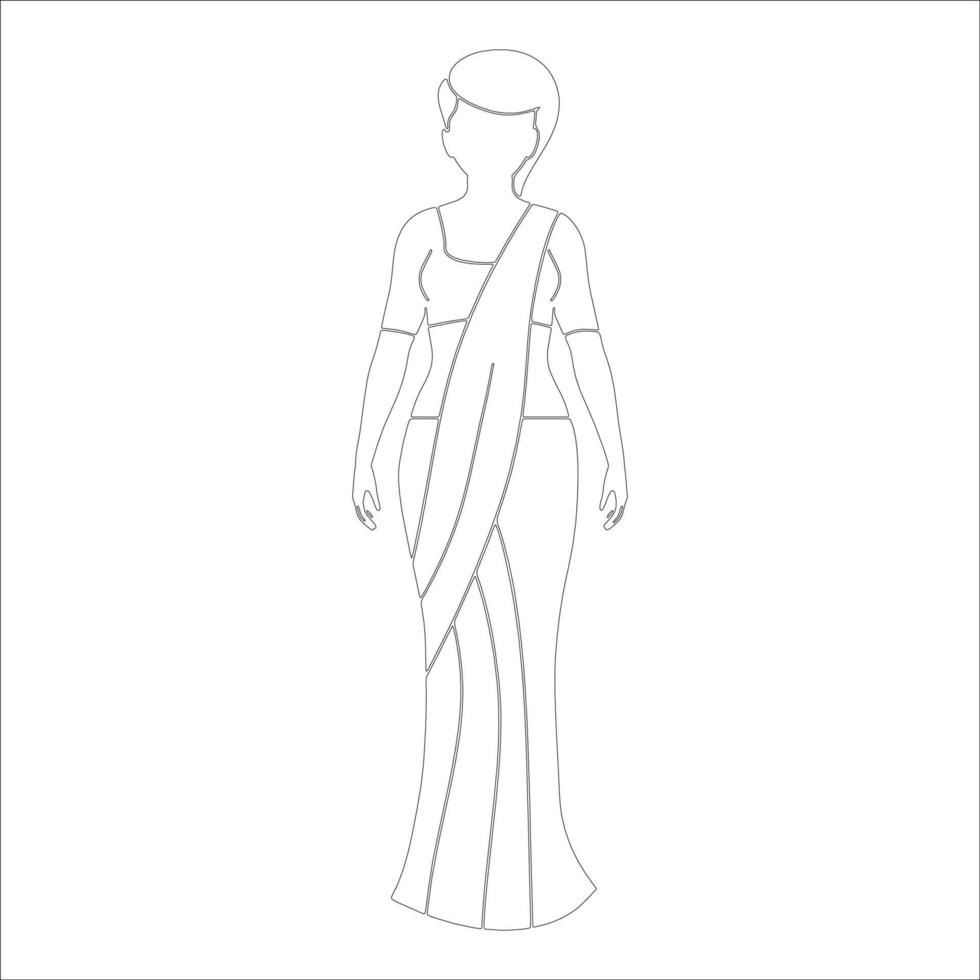 mujer en ilustración de contorno de carácter sari sobre fondo blanco. vector