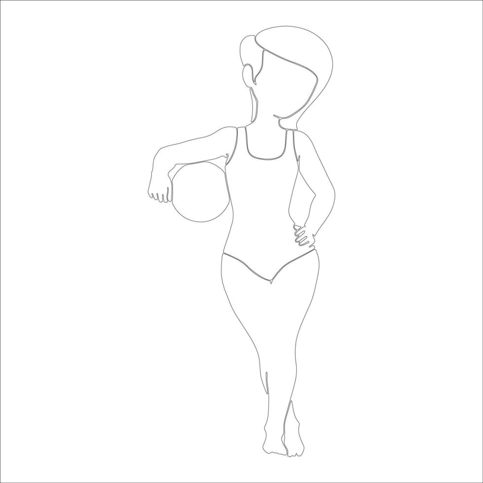 Girl holding beach ball character outline illustration on white background. vector