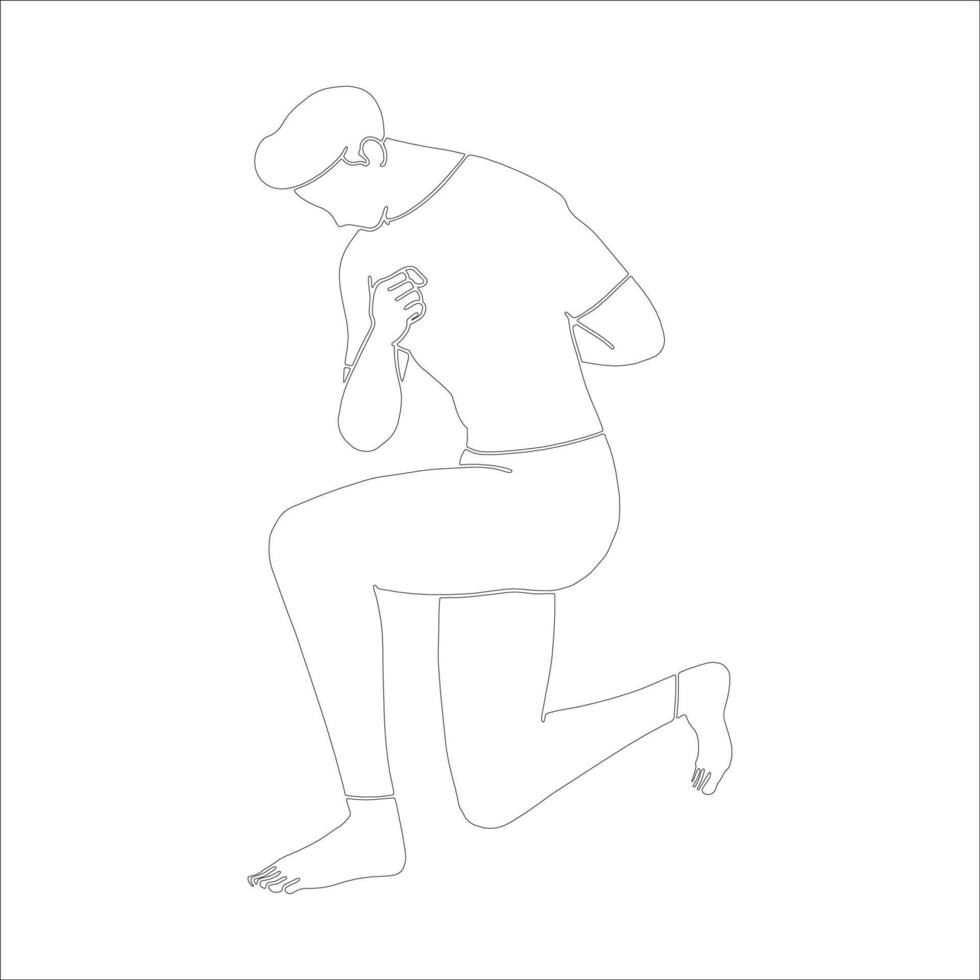 character on knees outline illustration on white background. vector