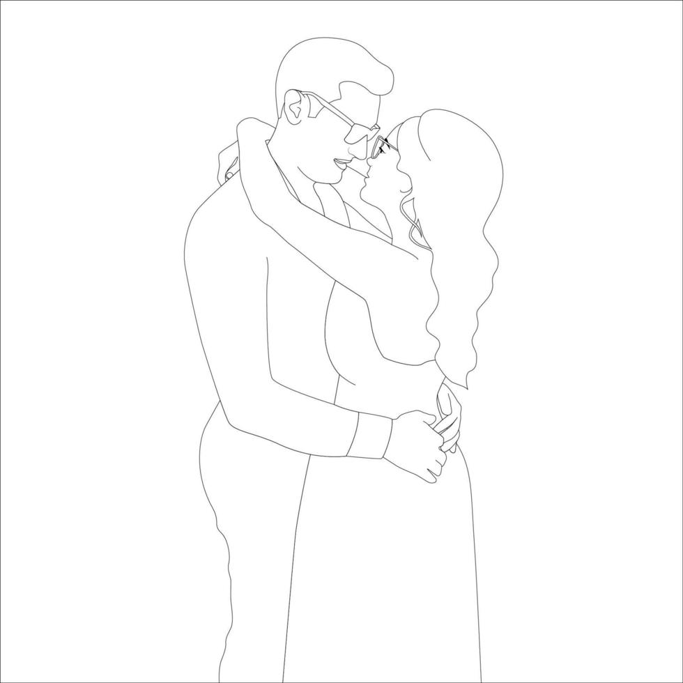 hermoso abrazo de pareja, ilustración de contorno de personaje de pareja sobre fondo blanco, ilustración vectorial para proyectos de San Valentín. vector