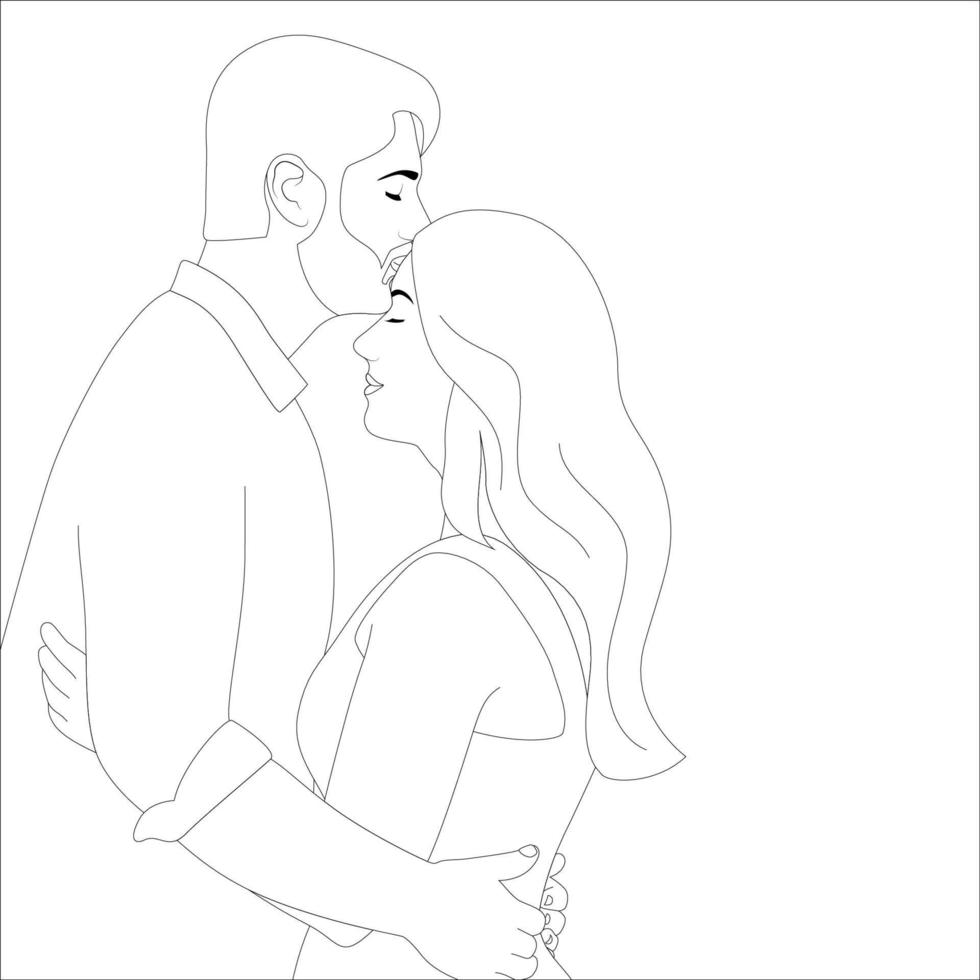 los hombres se besan en la frente de la chica, la ilustración del contorno del personaje de la pareja en el fondo blanco, la ilustración vectorial para los proyectos del día de San Valentín. vector