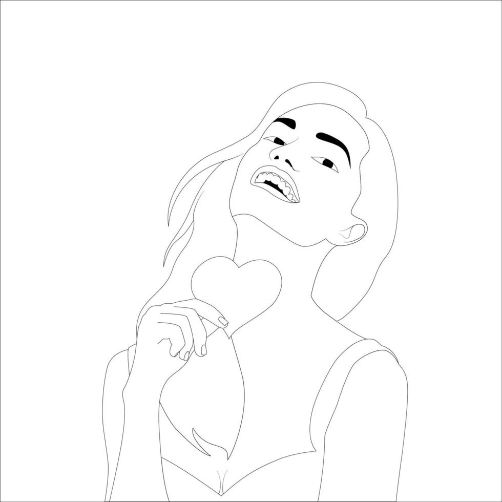 hermosa chica con objeto en forma de corazón, ilustración de contorno de personaje de pareja sobre fondo blanco, ilustración vectorial para proyectos del día de San Valentín. vector