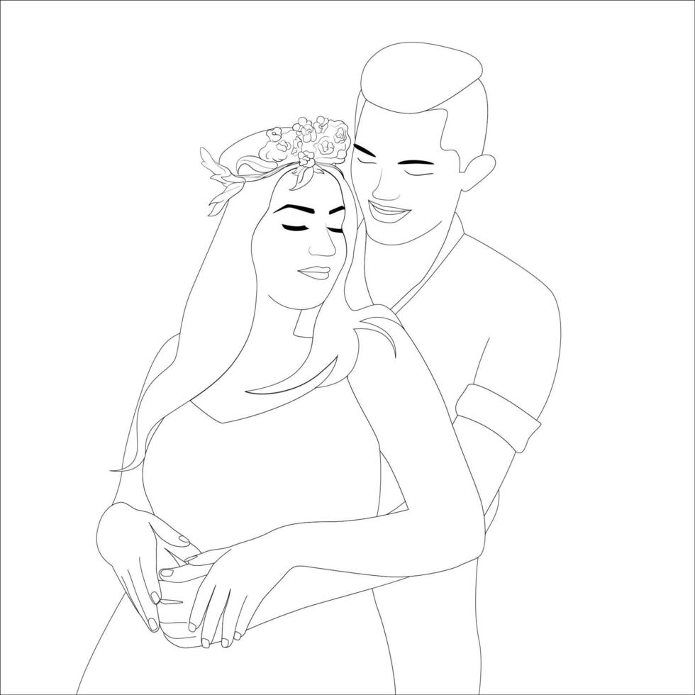 Cute couple hug, Couple character outline illustration on white background, vector illustration for valentine's day projects.