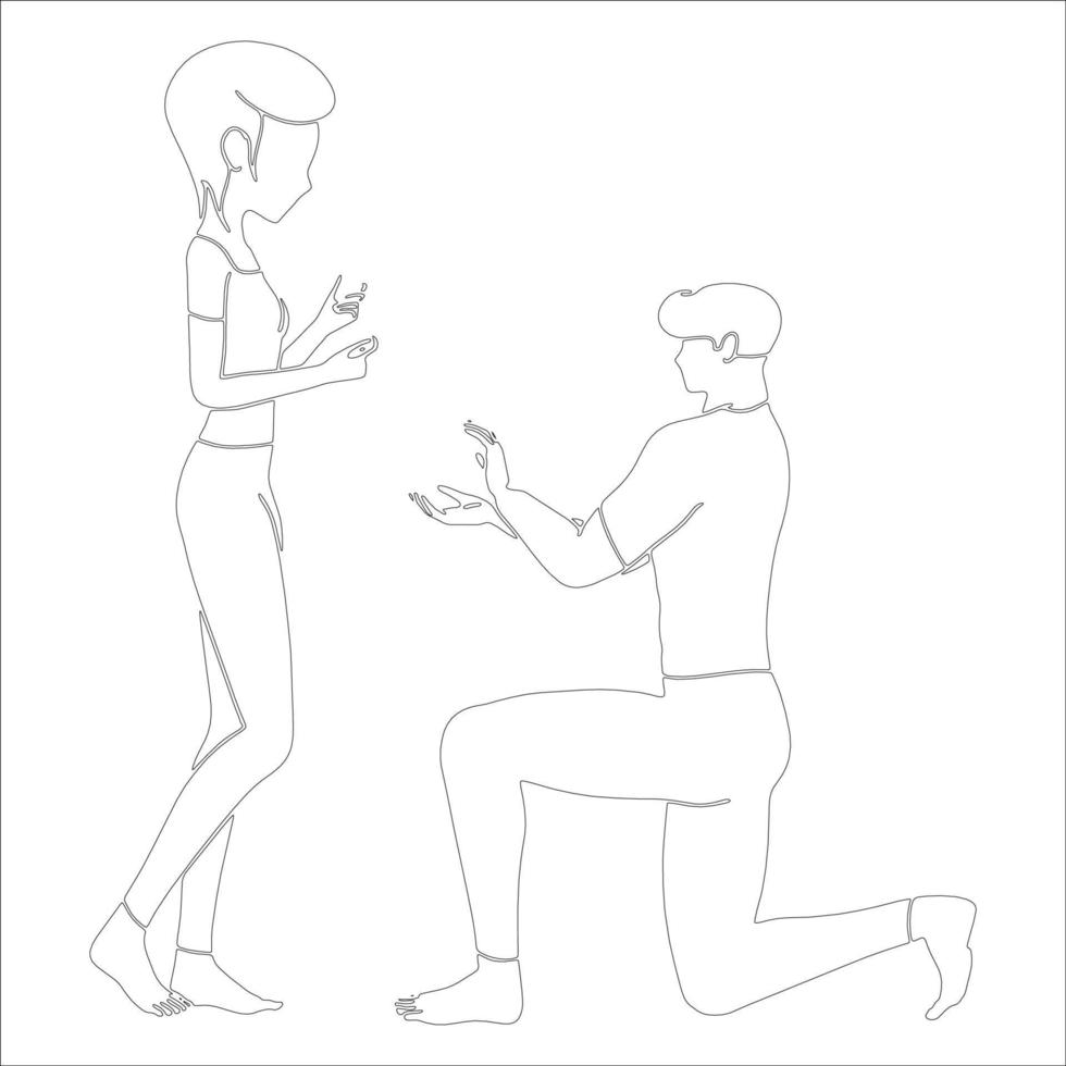Proposing on knee character outline illustration on white background. vector