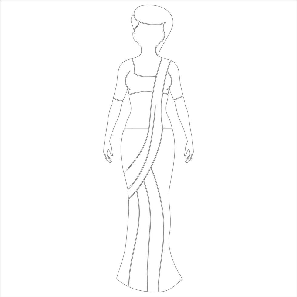 Woman in saree Character outline illustration on white background. vector