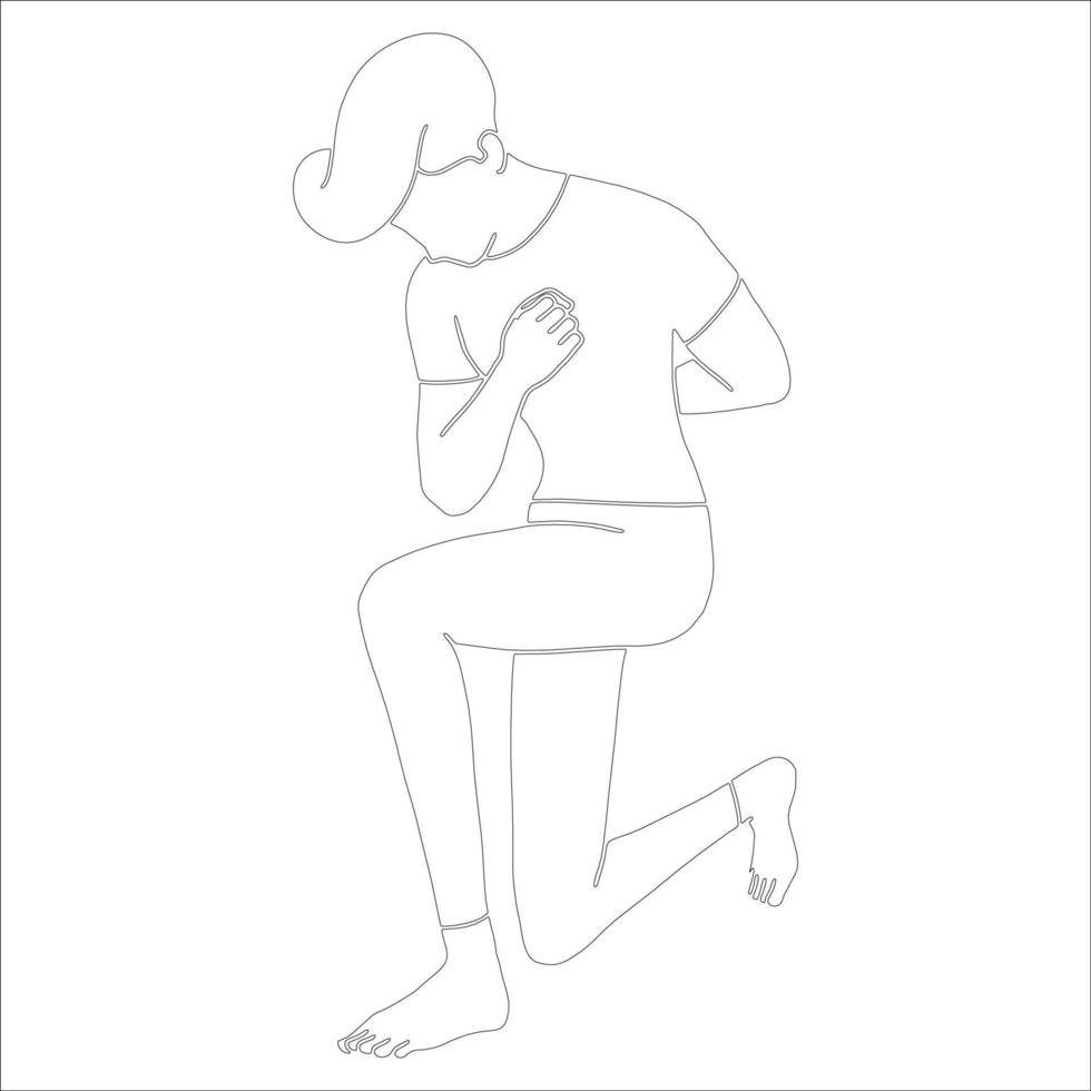 character on knees outline illustration on white background. vector