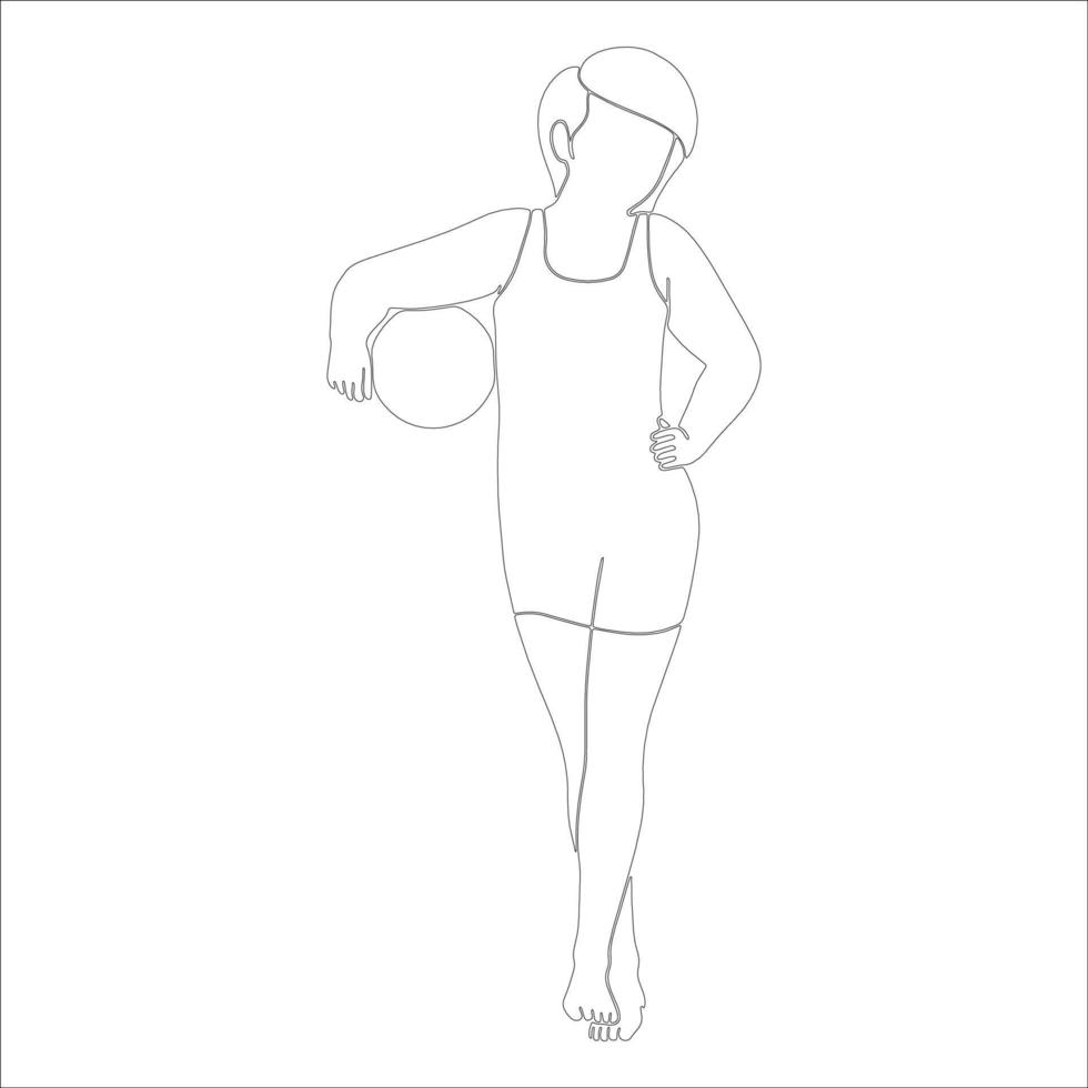 niña sosteniendo la ilustración de contorno de personaje de pelota de playa sobre fondo blanco. vector