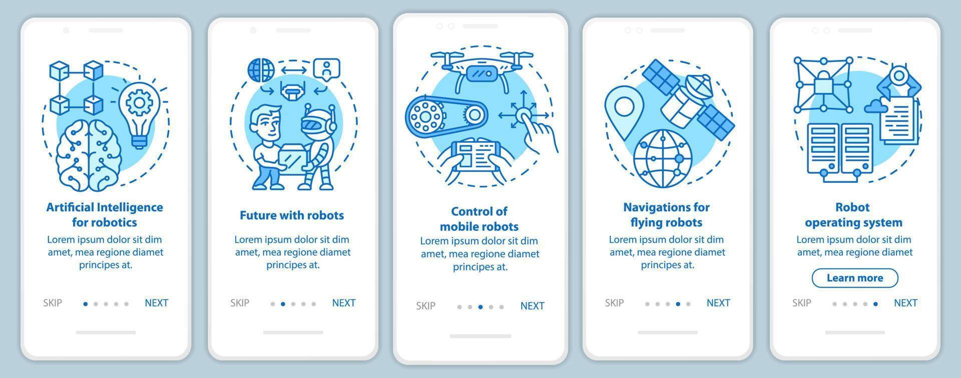 Cursos de robótica incorporación de plantilla de vector de pantalla de página de aplicación móvil. aprendiendo el control del robot. paso a paso del sitio web con ilustraciones lineales. concepto de interfaz de teléfono inteligente ux, ui, gui