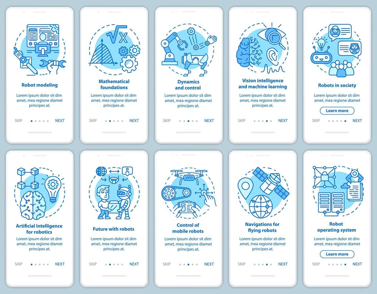 Robotics courses onboarding mobile app page screen vector template set. Modeling, development of robots. Walkthrough website steps with linear illustrations. UX, UI, GUI smartphone interface concept