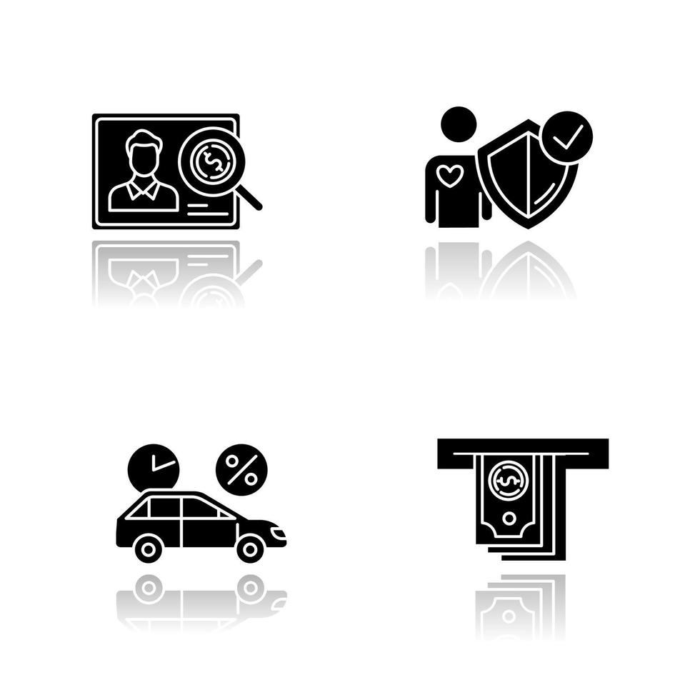 Credit drop shadow black glyph icons set. Car credit with interest rate. Borrow, loan money. Give, take cash. Pay for insurance. Verifying creditworthiness. Isolated vector illustrations
