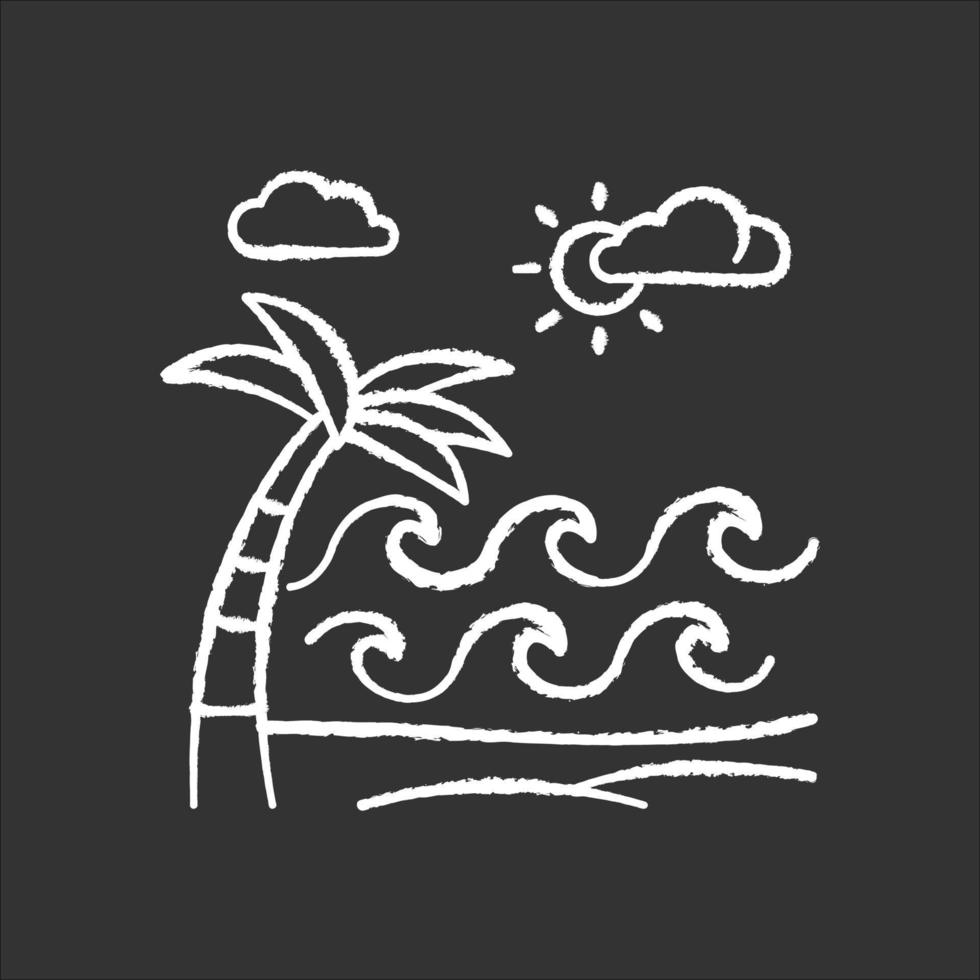 olas en el icono de tiza de la playa de arena. junto al mar con palmeras. viaje a islas indonesias. soleada costa del mar en bali. clima para surfear. idea de viaje de vacaciones de verano. ilustración de pizarra de vector aislado