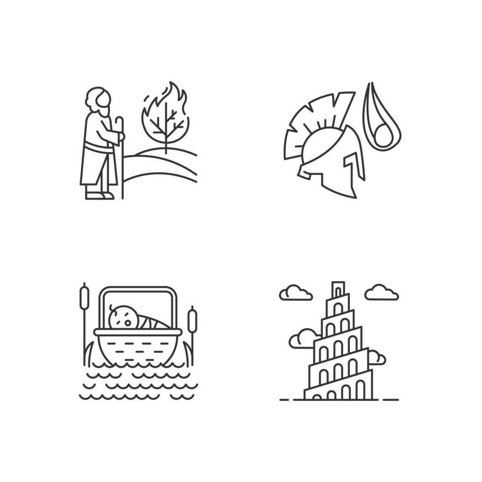 Bible narratives linear icons set. The birth of Moses, David and Goliath, Babel tower myths. Biblical stories. Thin line contour symbols. Isolated vector outline illustrations. Editable stroke