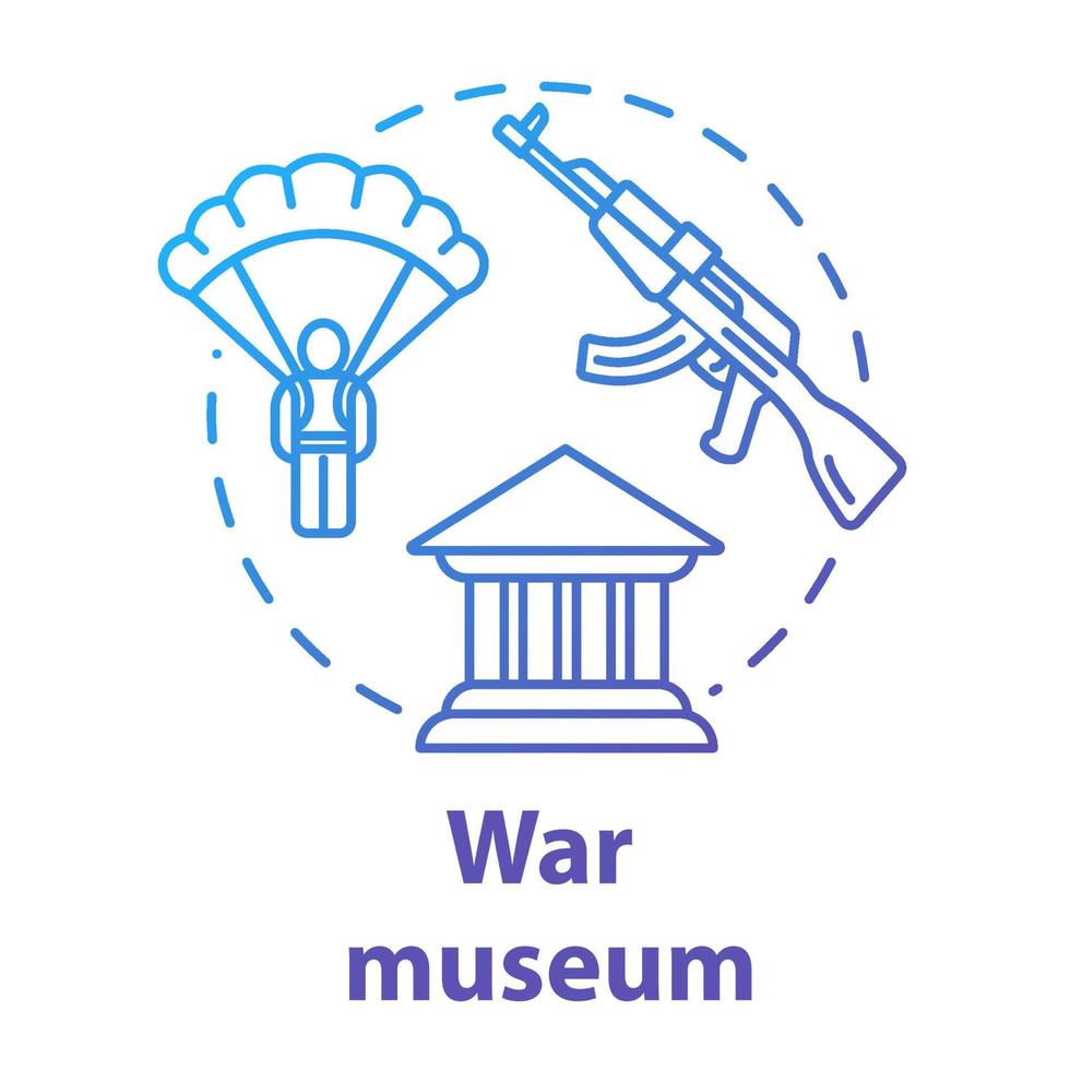 War museum concept icon. Military memorial. Imperial archives. Paratrooper and automated gun. Warfare history exhibition idea thin line illustration. Vector isolated outline drawing