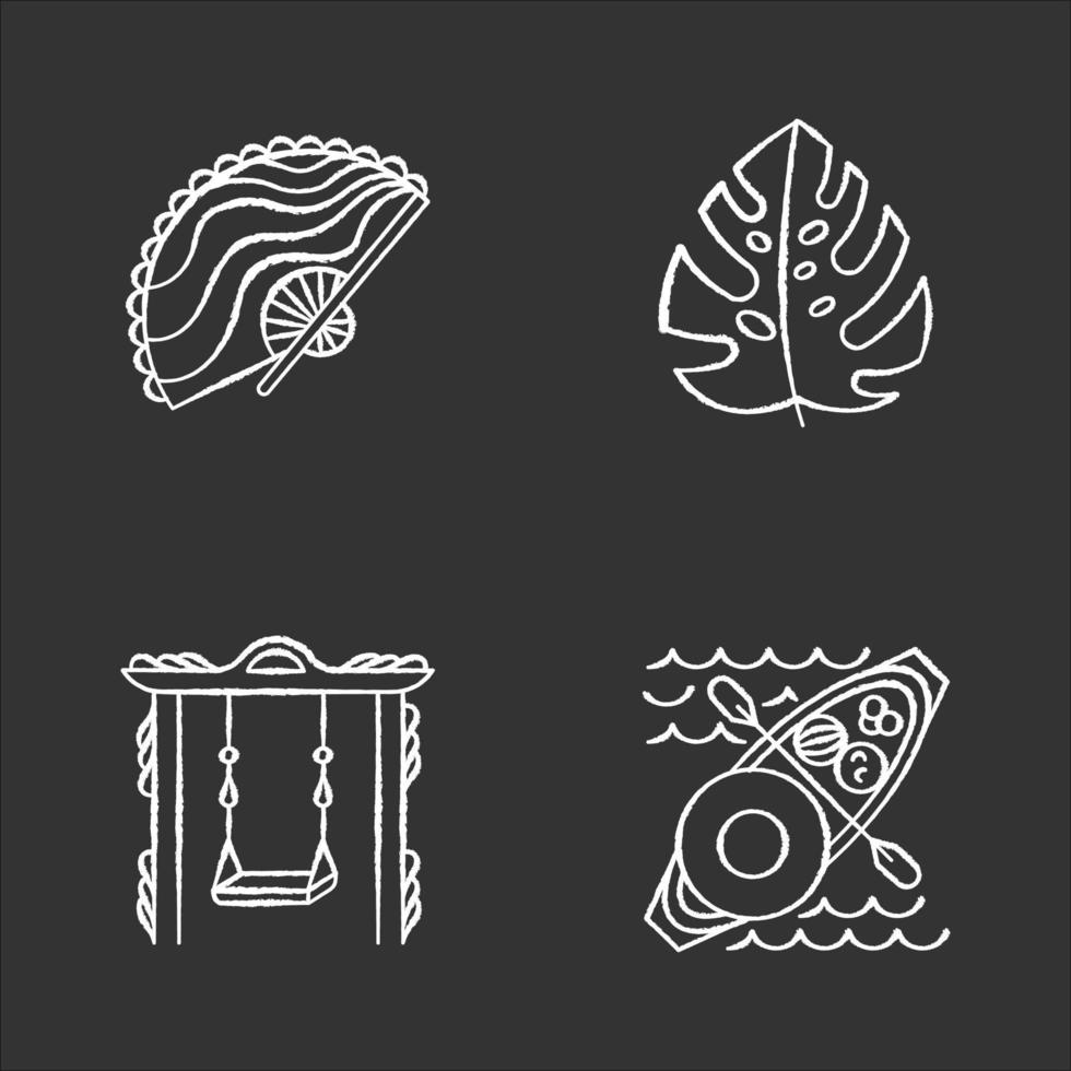 Indonesia chalk icons set. Tropical country plants. Trip to Indonesian islands. Exploring exotic culture traditions. Unique souvenirs. Floating market. Isolated vector chalkboard illustrations