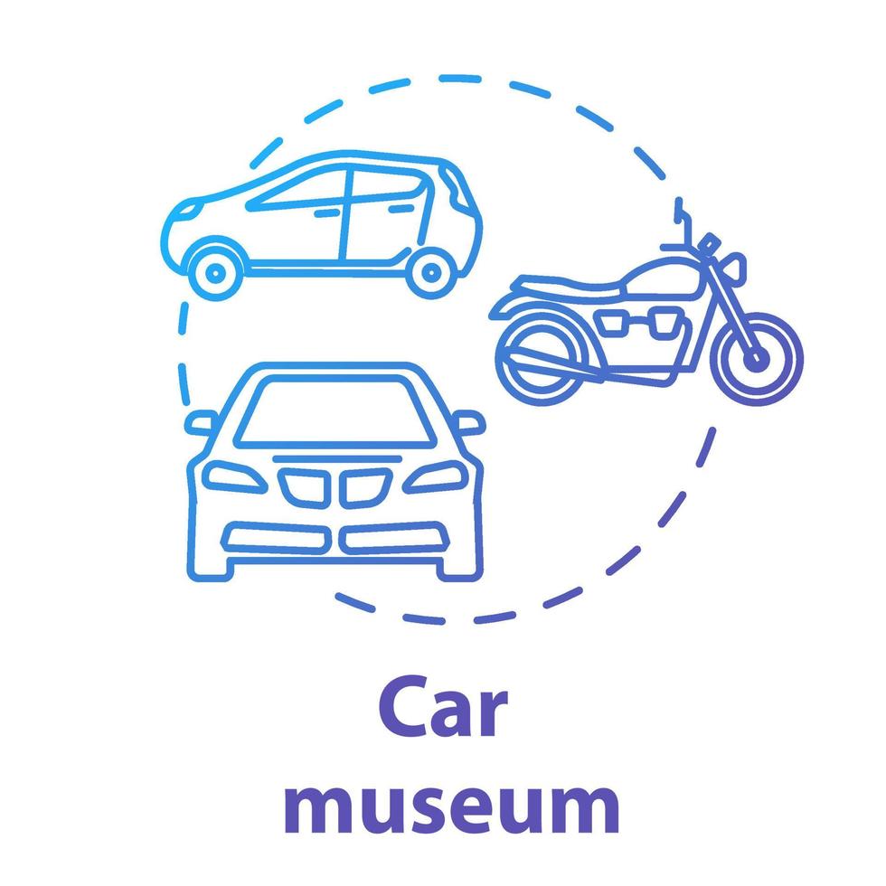 Car museum concept icon. Automotive technology historical exposition. Mechanical bike model. Automobile and motorcycle exhibition idea thin line illustration. Vector isolated outline drawing