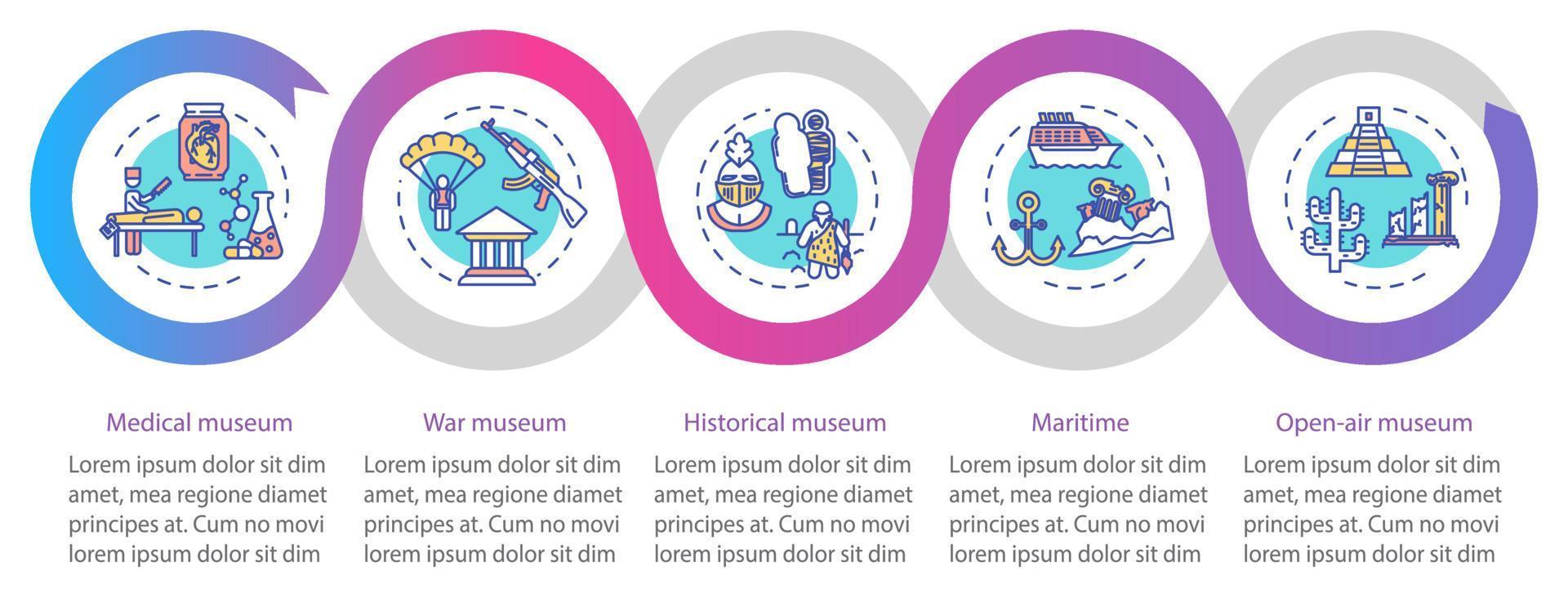 plantilla de infografía vectorial de exposición y museo. elementos de diseño de presentación de exposición al aire libre. visualización de datos con cinco pasos. gráfico de línea de tiempo del proceso. diseño de flujo de trabajo con iconos lineales vector