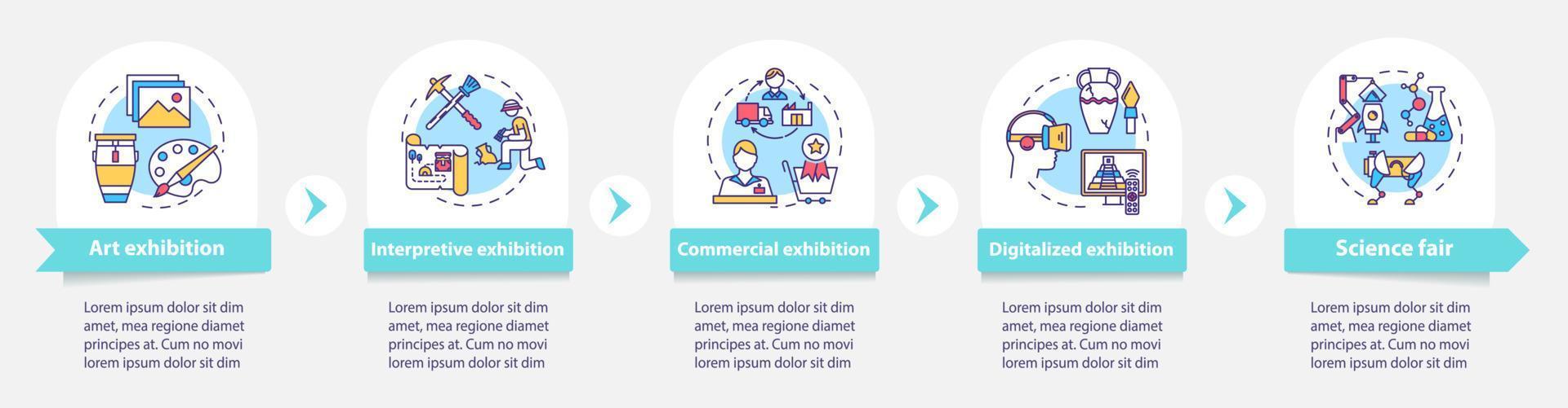 Exhibition and museum vector infographic template. Exposition presentation design elements. Data visualization with five steps. Process timeline chart. Workflow layout with linear icons