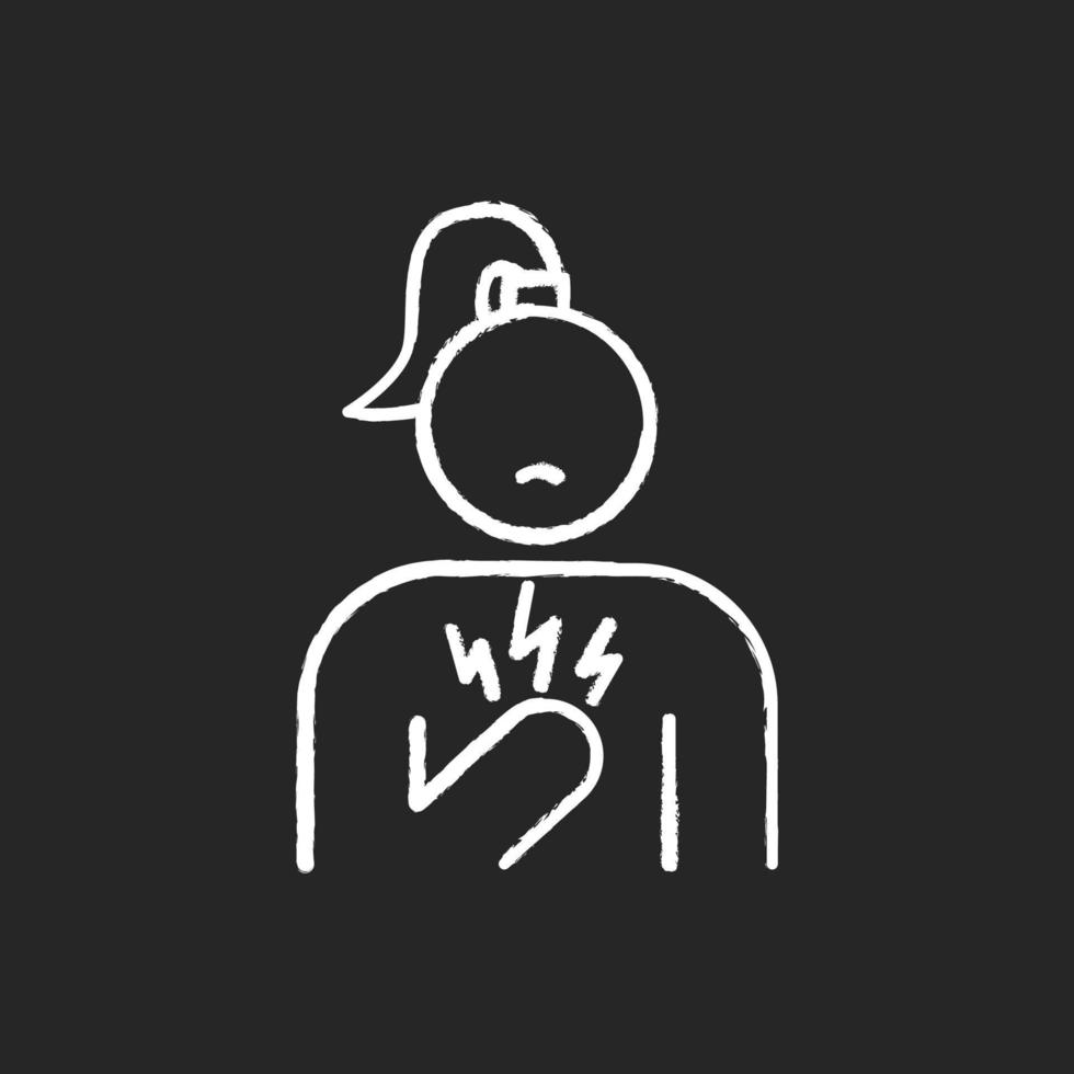 Chest pain chalk icon. Stressed girl. Anxious woman. Heart attack. Healthcare problem. Breathing issue. Palpitation. Predmenstrual syndrome symptom. Isolated vector chalkboard illustration