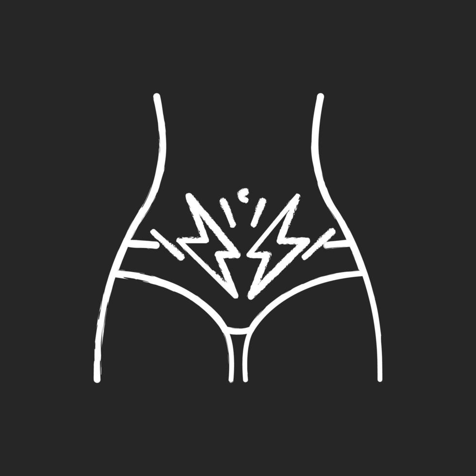 Cramp chalk icon. Menstrual abdominal pain. Predmenstrual syndrome. Period symptom. Female stomach pain. Diarrhea, constipation. Discomfort and spasm. Isolated vector chalkboard illustration