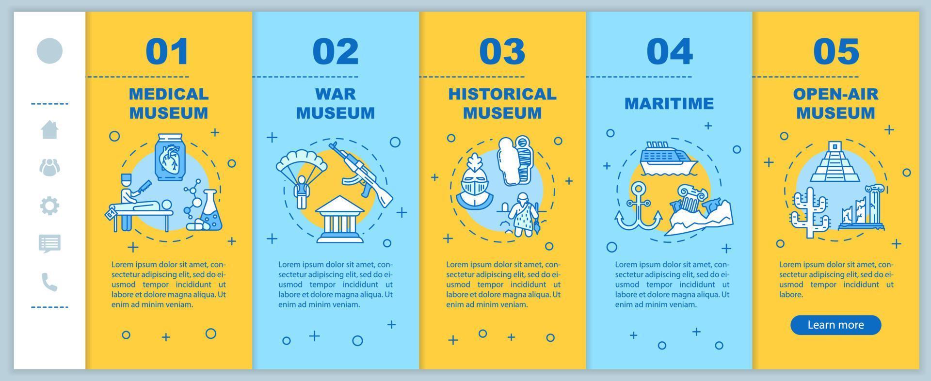 Exhibition and museum onboarding mobile web pages vector template. Responsive smartphone website interface idea with linear illustrations. Webpage walkthrough step screens. Color concept