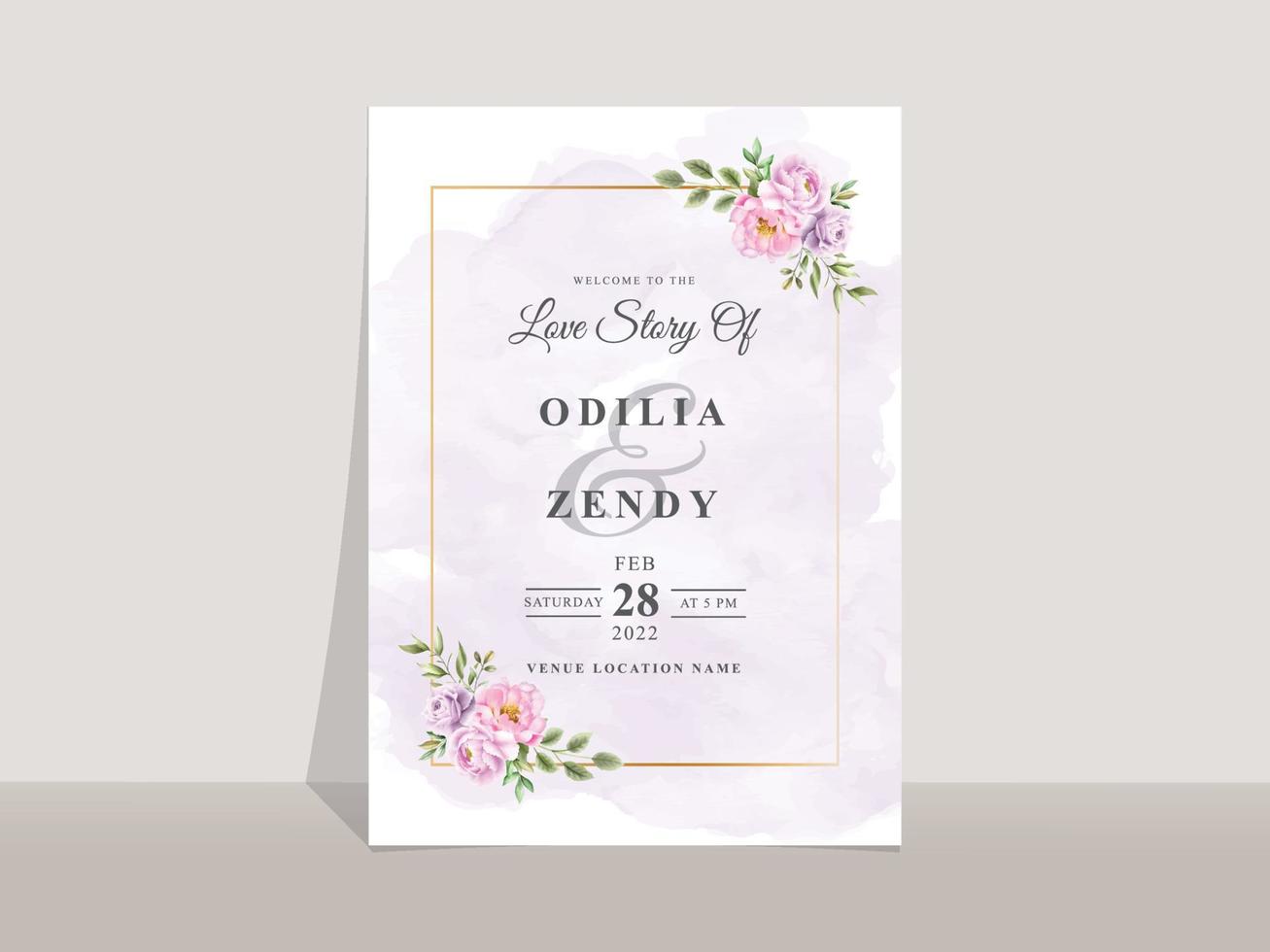 Wedding invitation card template with elegant flowers and leaves watercolor vector