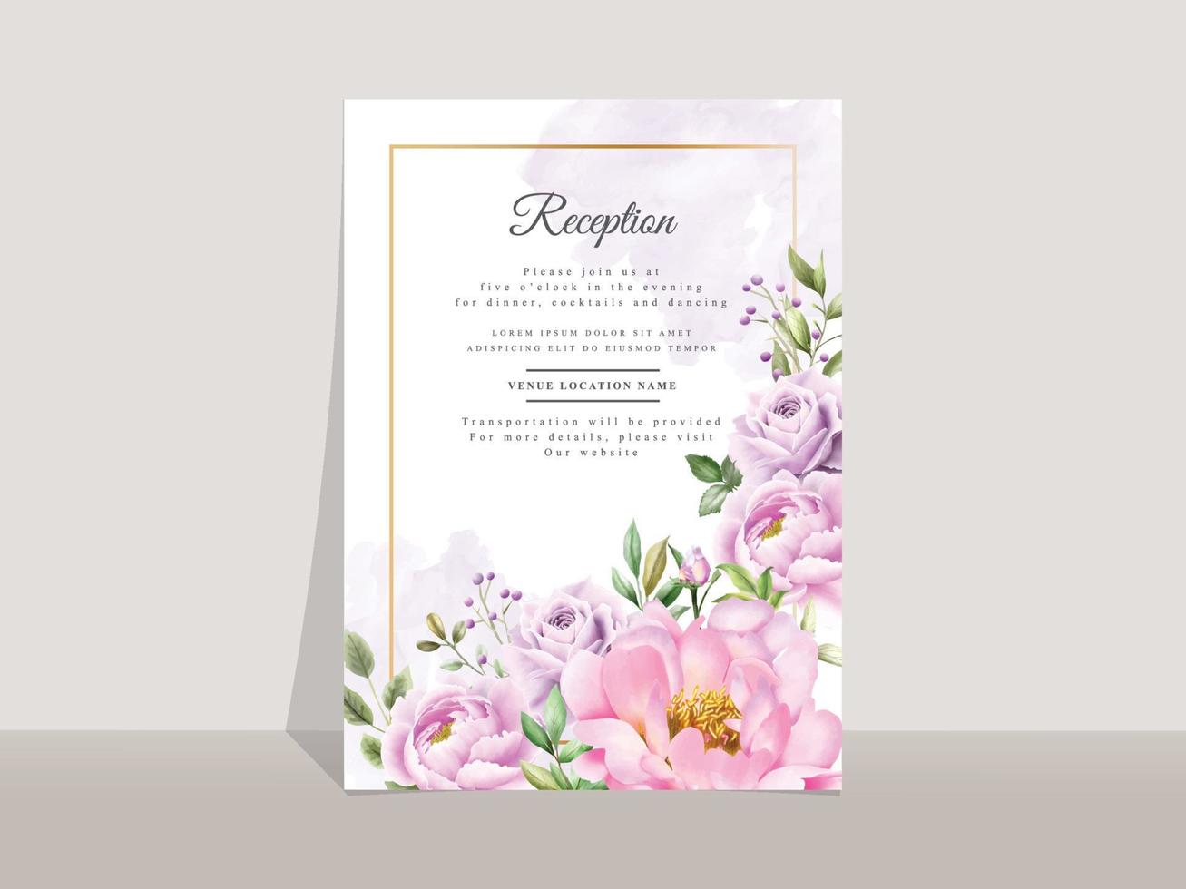 Wedding invitation card template with elegant flowers and leaves watercolor vector