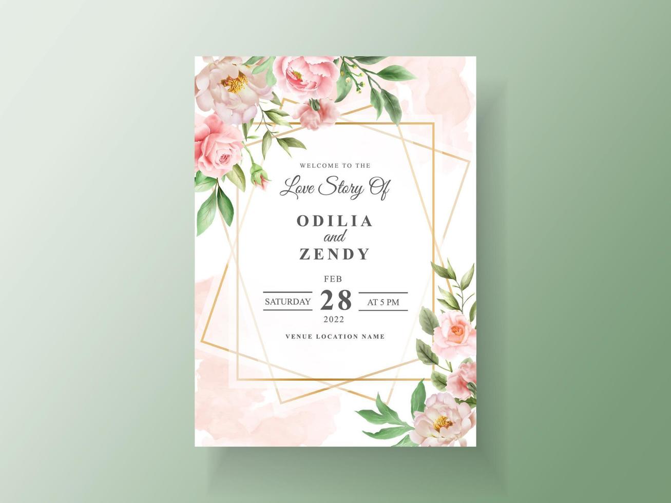 Wedding invitation card template with elegant flowers and leaves watercolor vector