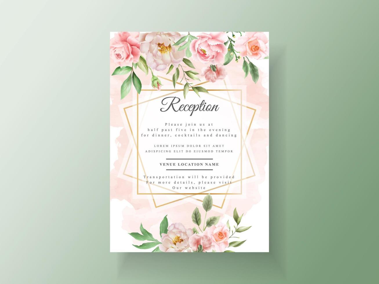 Wedding invitation card template with elegant flowers and leaves watercolor vector