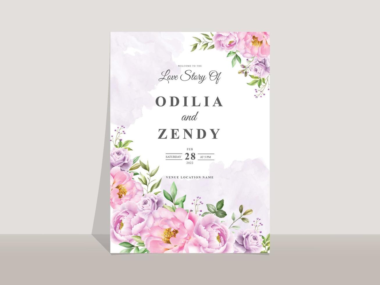 Wedding invitation card template with elegant flowers and leaves watercolor vector