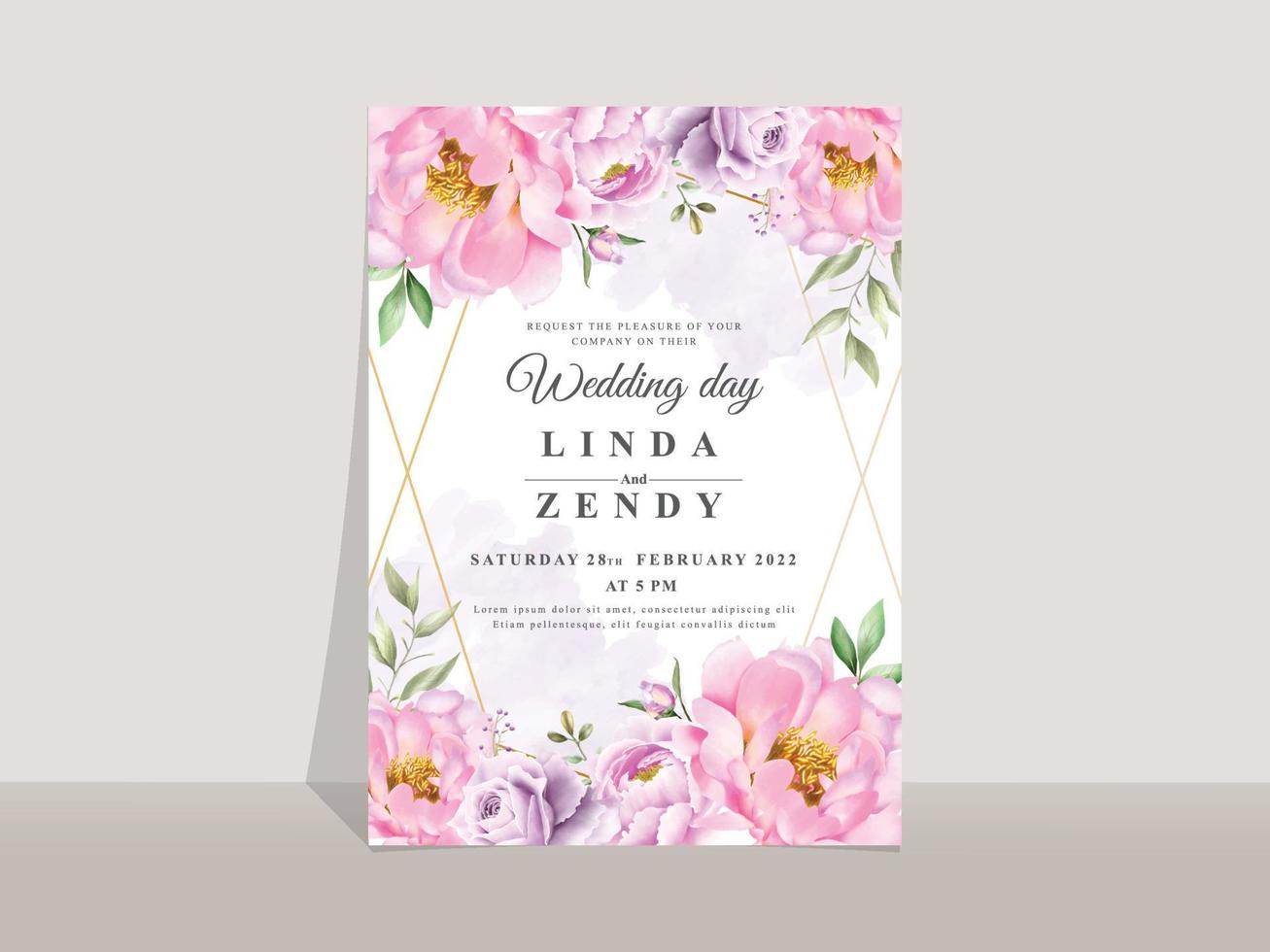 Wedding invitation card template with elegant flowers and leaves watercolor vector