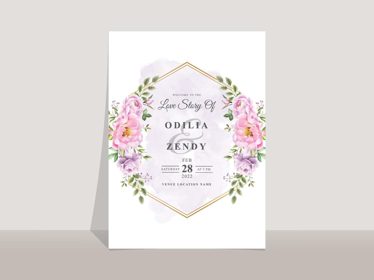 Wedding invitation card template with elegant flowers and leaves watercolor vector