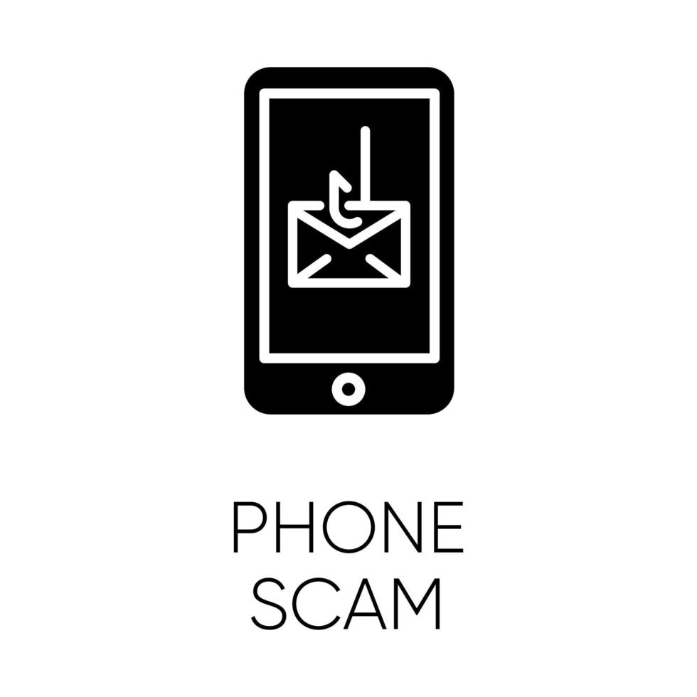 Phone scam glyph icon. Communications fraud. One-ring trick. Smishing, SMS phishing. Telephone scamming. Illegal money gain. Silhouette symbol. Negative space. Vector isolated illustration