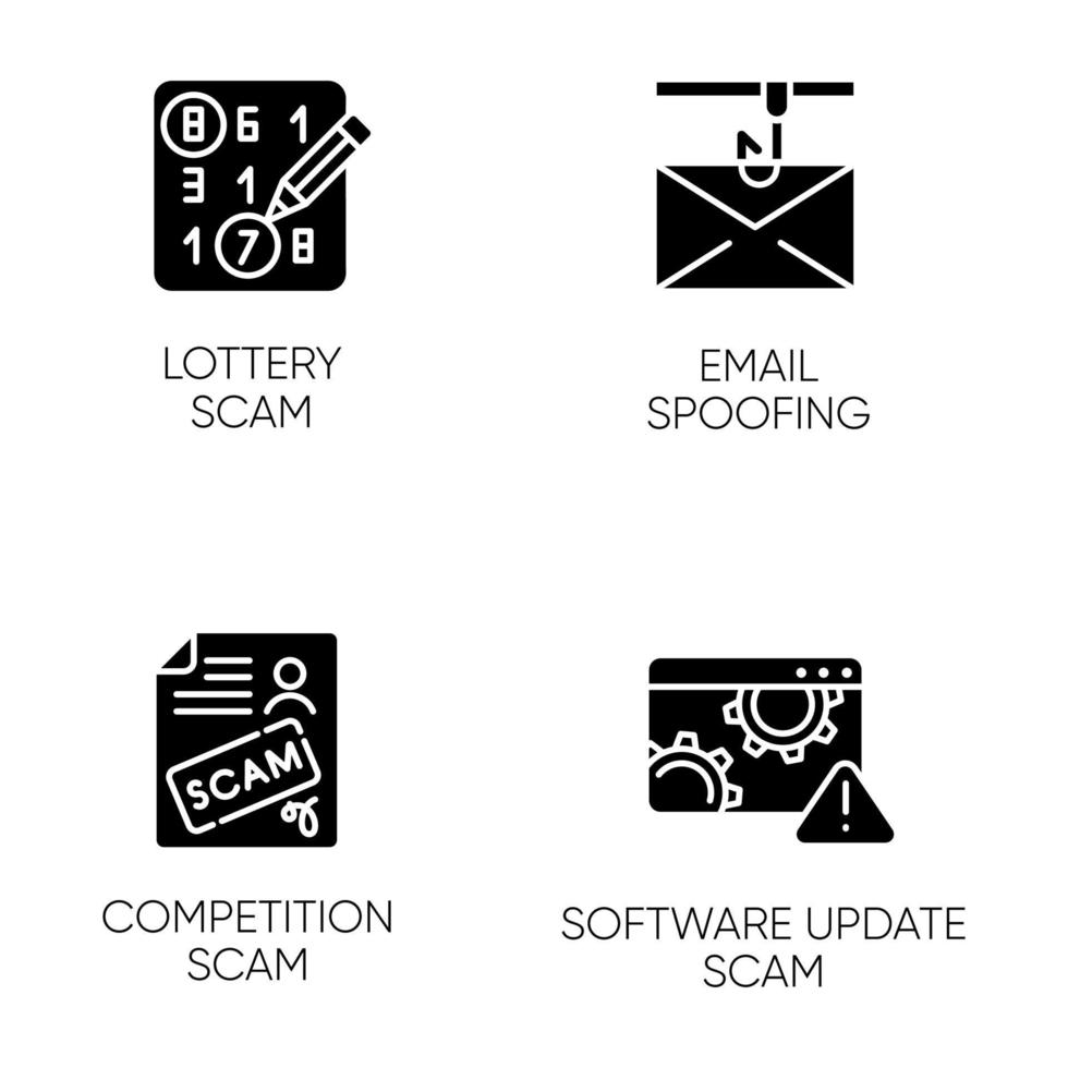 Scam types glyph icons set. Lottery, competition fraudulent scheme. Email spoofing. Software update trick. Malware. Cybercrime. Illegal money gain. Silhouette symbols. Vector isolated illustration