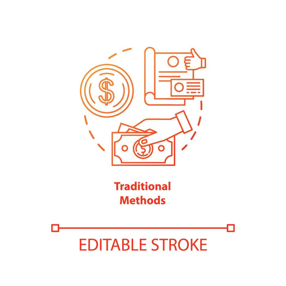 Traditional payment methods red gradient concept icon. Payment with physical money idea thin line illustration. Cash and coins. Cheque. Currency. Vector isolated outline drawing