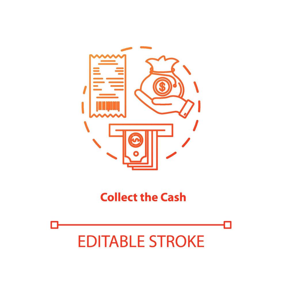Collect cash red gradient concept icon. Money withdrawal idea thin line illustration. ATM transaction step. Bankomat. Cashpoint, cashline. Banking. Vector isolated outline drawing