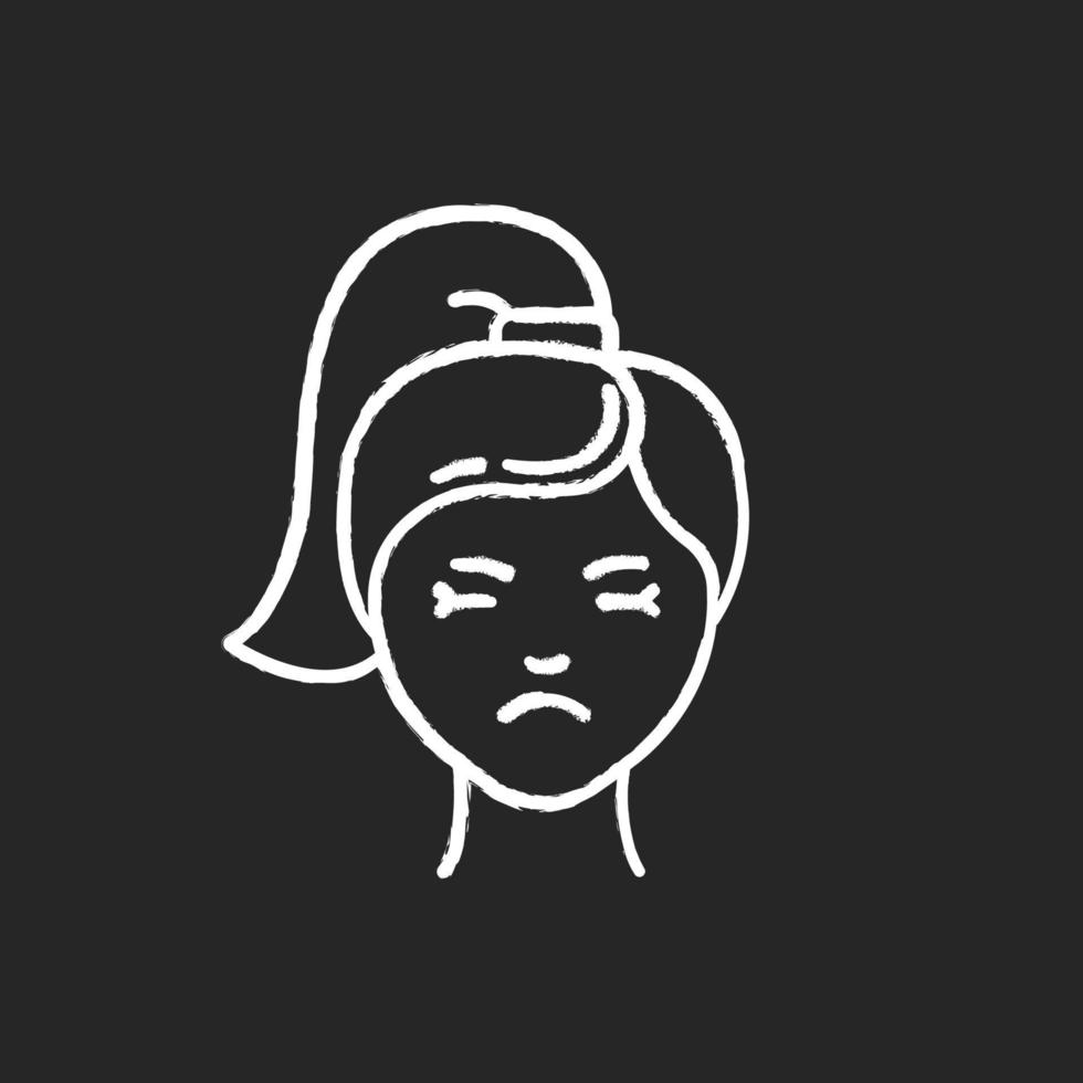 Migraine chalk icon. Girl with headache. Emotional expression on face. Sadness and low mood. Unhappy and worried woman. PMS symptome. Predmenstrual syndrome. Isolated vector chalkboard illustration